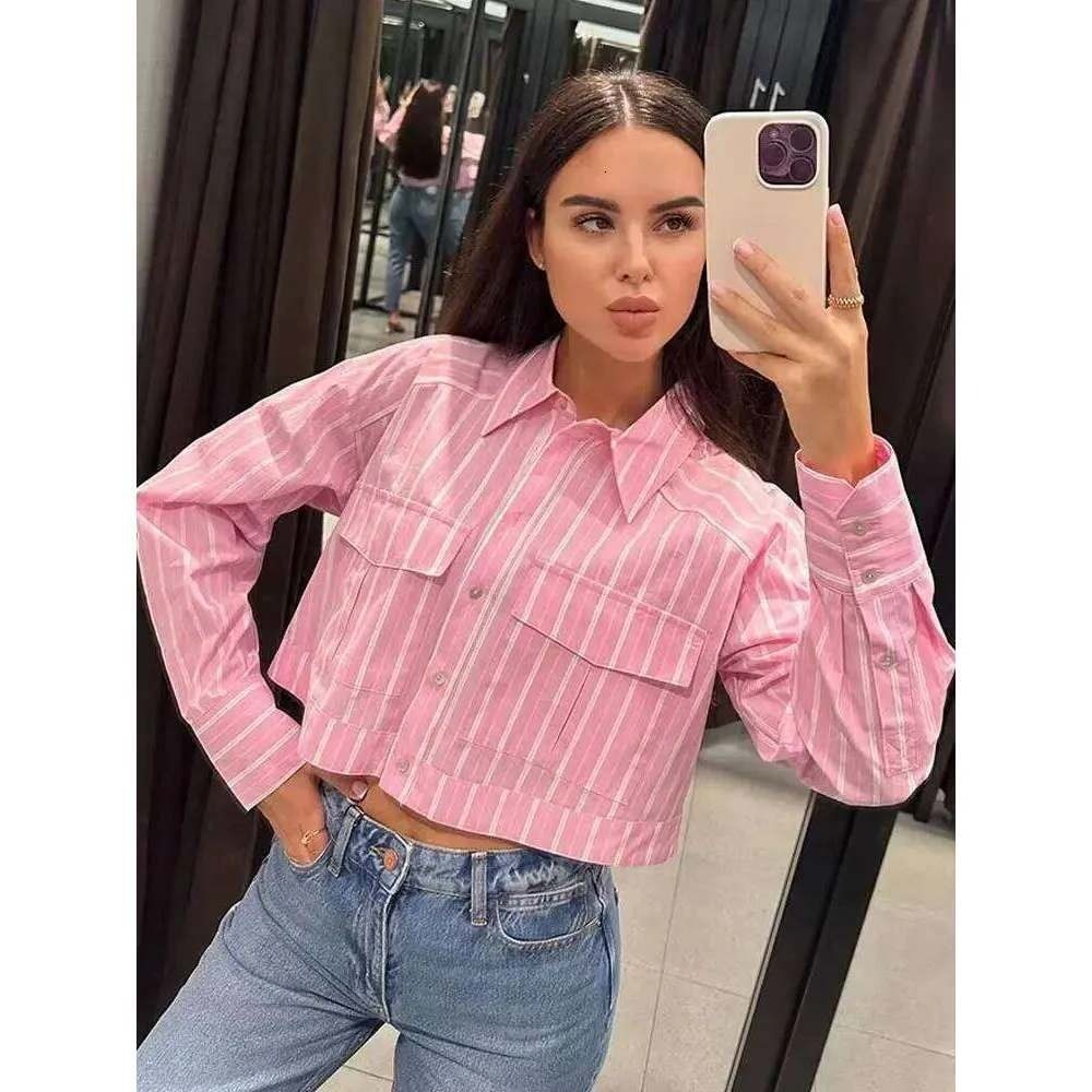 Zara Button Down Shirt Women L Pink Striped Cropped Long Sleeve Drop Shoulder